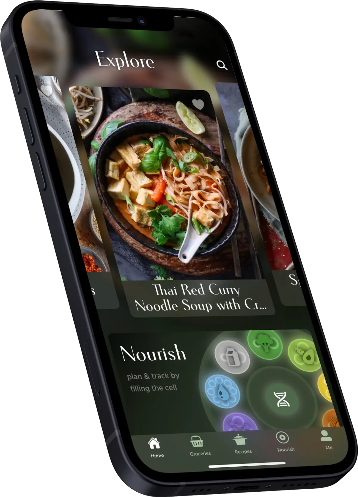The home page of the vegan recipe and nutrition app Pick Up Limes on an iPhone mockup.